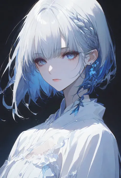 真夜中,negative,beta,straight hair,short hair, blue 瞳, braid, grey hair,solo,black background,大きな目,