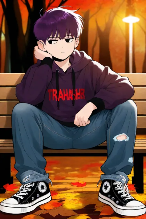 "Young male, fair skin, medium-length purple hair, wearing a hoodie with "Thrasher" logo (2017 style), ripped baggy jeans, Converse sneakers, half-Asian half-Caucasian, sitting on a bench in an autumn park at dusk, casual pose, neutral expression, leaves o...