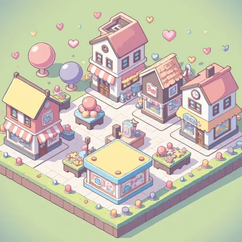(ISOMETRY, top view), game location, houses along the street, stores , icon for mobile game, cute, Miniature squares, clarity and high quality