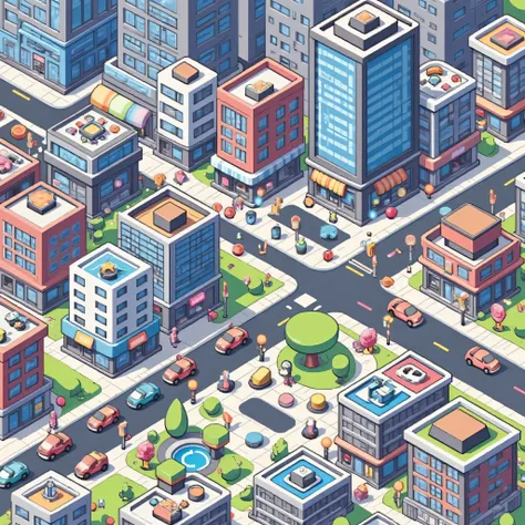 (ISOMETRY, top view), game location, улица cityа, is a wide diagonal road, city, high-rise buildings, cars , cute, Miniature squares, clarity and high quality
