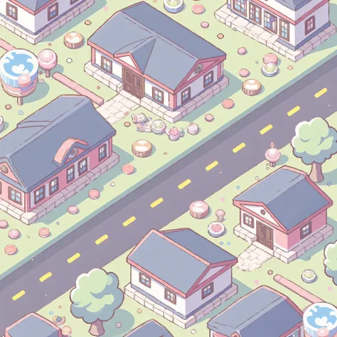 (ISOMETRY, top view), game location, city street, is a wide diagonal road, simple prefabricated houses, cute, Miniature squares, clarity and high quality
