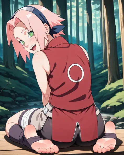 Sakura ( Naruto ) short hair, pink hair, ass, sitting, feet, back view, forest, training camp, SFW, ninja clothes, looking back, open mouth, green eyes, sole of the foot, close up