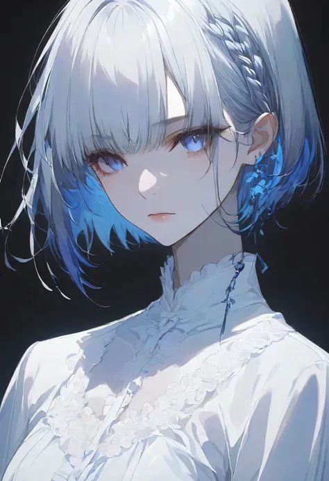 真夜中,negative,beta,straight hair,short hair, blue 瞳, braid, grey hair,solo,black background,大きな目,