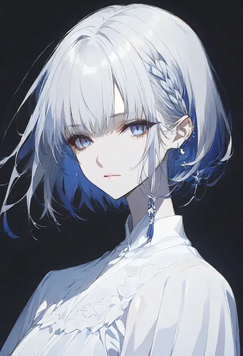 真夜中,negative,beta,straight hair,short hair, blue 瞳, braid, grey hair,solo,black background,大きな目,