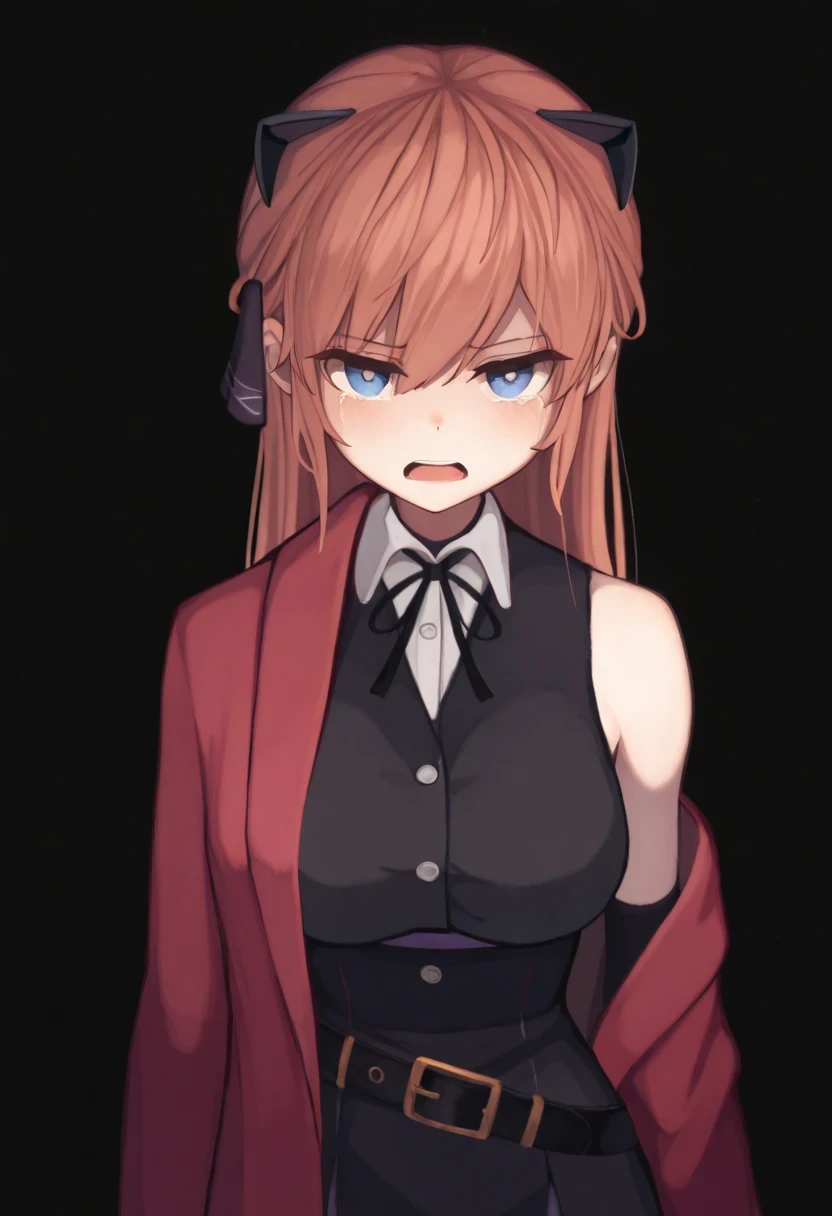 best quality,hyper-detailed,1girl,solo,Oblique view,eyes look at viewer,Vivi, beautiful face,Extremely angry eyes,Lots tears,open mouth,medium breast,blue eyes,Uniformed,red Coat,black glove,Body upright,standing,Transparent black background,Blank backgrou...