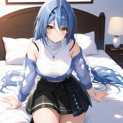 master piece、Best Quality,Super detailed,High resolution,Extremely detailed CG,Unity 8K Wallpaper,weat,score_9, score_8_up, score_7_up, score_6_up, score_5_up, score_4_up, source_anime ,Etra, blue hair, long hair, yellow eyes, white streaked hair, braid, h...