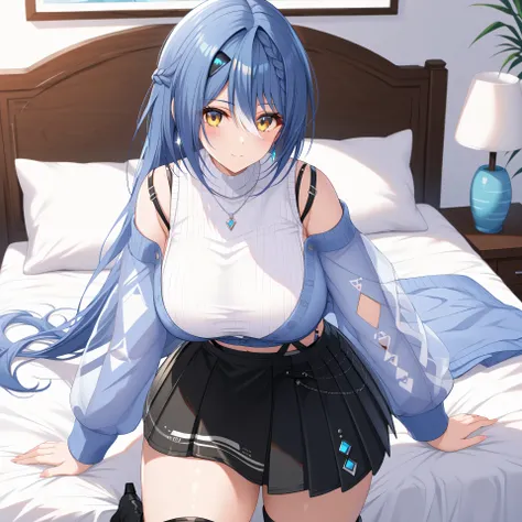 master piece、Best Quality,Super detailed,High resolution,Extremely detailed CG,Unity 8K Wallpaper,weat,score_9, score_8_up, score_7_up, score_6_up, score_5_up, score_4_up, source_anime ,Etra, blue hair, long hair, yellow eyes, white streaked hair, braid, h...