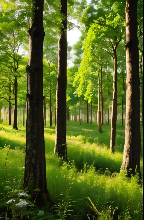Deep in a fur tree forest in the evening. Very lush and green.