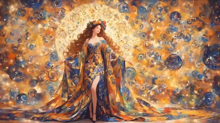 a painting of a woman with a colorful dress and a flower crown, psychedelic goddess, colorful art nouveau, psychedelic art nouveau, intricate beautiful painting, mucha klimt, in an art nouveau style, in art nouveau style, gustav klimt style, style of gusta...