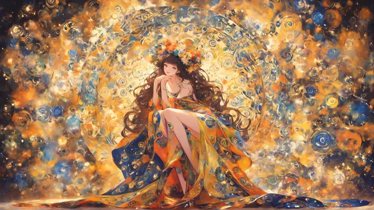 a painting of a woman with a colorful dress and a flower crown, psychedelic goddess, colorful art nouveau, psychedelic art nouveau, intricate beautiful painting, mucha klimt, in an art nouveau style, in art nouveau style, gustav klimt style, style of gusta...