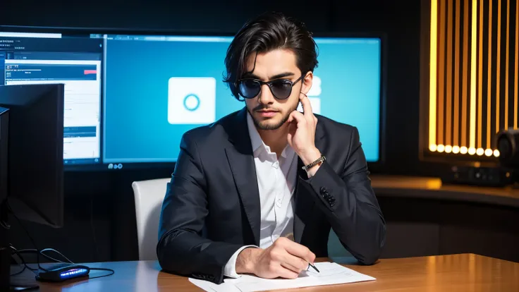 An young man, likely in his late s or early twenties, of South Asian descent. He is wearing a dark gray/charcoal business suit jacket over a light gray/off-white shirt . He is wearing dark sunglasses with metal accents. His facial expression is thoughtf...