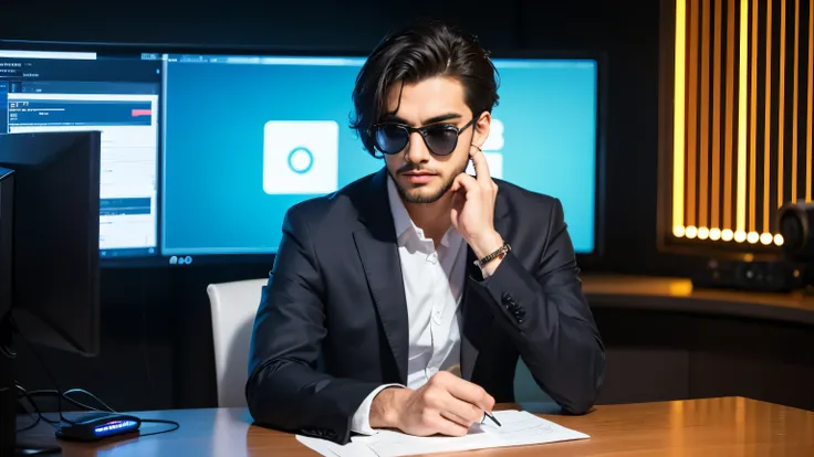 An young man, likely in his late s or early twenties, of South Asian descent. He is wearing a dark gray/charcoal business suit jacket over a light gray/off-white shirt . He is wearing dark sunglasses with metal accents. His facial expression is thoughtf...