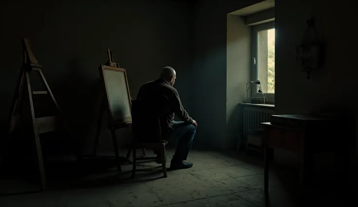 old, the poor workshop plunges into darkness — the lights suddenly go out, leaving only the vague outlines of objects. } The old artist stays sitting in front of his easel, but now he is surrounded by thick, ominous shadows, that seem to gather around him....