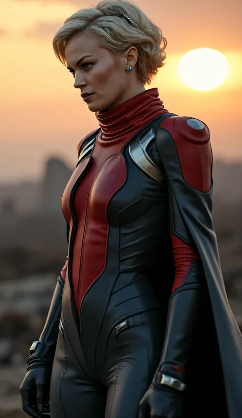 Britt Lower as Deande, powerful, elegant, futuristic, short wavy blonde hair, hair ornament, intense grey eyes, sharp facial markings, makeup, grey lipstick, sleek form-fitting dark grey and red high-tech uniform with armored details, exuding authority and...