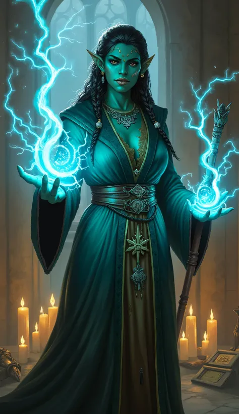 1woman, female, half-orc, sorcerer, classic Dungeons & Dragons fantasy style, dark turquoise skin, poined ears, sharp fangs, black sclera, intense eyes glowing with arcane energy, long dark braided hair is adorned with silver rings and mystical charms, wea...