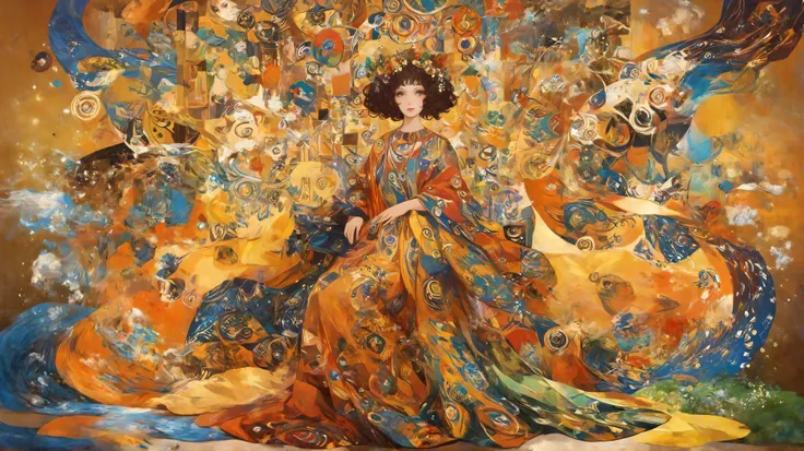 the painting of a woman wearing a dress colorful and a wreath of flowers, psychedelic goddess , colorful art nouveau, Art Nouveau psicodélico, beautiful and intricate painting, Mucha Klimt, in art nouveau style , in art nouveau style , Gustav Klimt style, ...