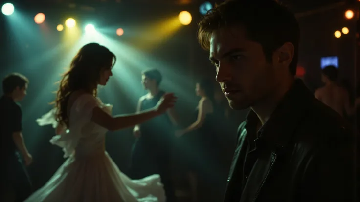 High quality, realistic photo. 4k image. A man stands in a club and watches his beloved in a white dress dance with another.