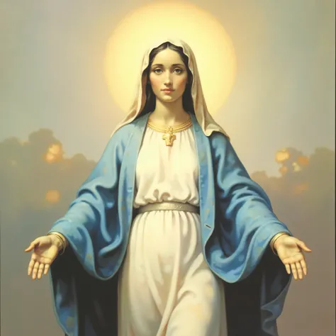 High-quality, detailed oil painting, "analog vintage photo style," of the Virgin Mary, depicted in her classic attire in soft, pure tones: a white tunic and a sky-blue mantle that falls delicately over her head and shoulders. Her expression is serene and c...