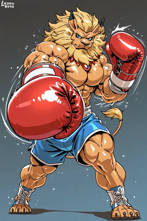 leomon, anthro, blue eyes, furry, solo, lion, male, mane, high quality, simple background, cel shaded, big body, thick arms, muscular, full body, glistening body, looking at viewer, boxing gloves, boxing trunks, muscular legs, thick legs, posing, stern fac...