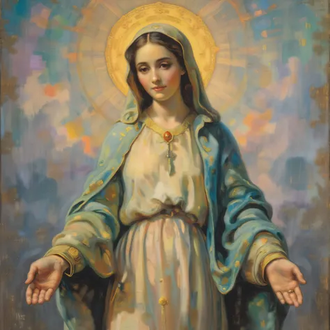 High-quality, detailed oil painting, "analog vintage photo style," of the Virgin Mary, depicted in her classic attire in soft, pure tones: a white tunic and a sky-blue mantle that falls delicately over her head and shoulders. Her expression is serene and c...