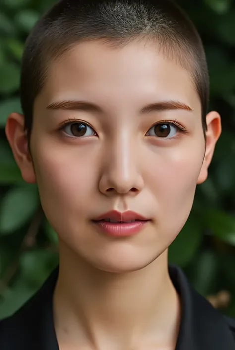 This image is a close-up portrait of a young woman,  Shaved Head .  She is staring directly at the camera with a serious expression 。..    The background is a tree々、it looks like a bushy park or garden .The face is evenly illuminated