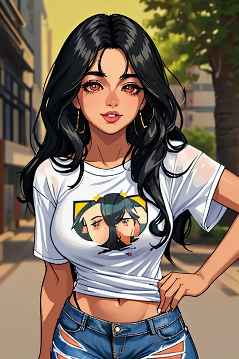 Amazing portrait of a sexy exotic beauty with her olive skin, long black hair, and striking features, almond-shaped eyes framed by thick lashes, full lips curled into a teasing smile, wearing a simple t-shirt paired with ripped jeans and sneakers, lips par...