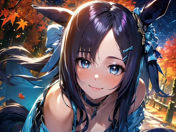 (Solo: 1.5), (Young human girl: 1.5), (Cute horse ears: 1.9), (Horse tail: 1.9), (Round face: 1.9), (Large breasts), (Looking at camera), (Smiling sweetly: 1.5), (Hair blowing in the wind), (Dark blue corset dress: 1.9), (Black pantyhose), (Blushing), (Slo...