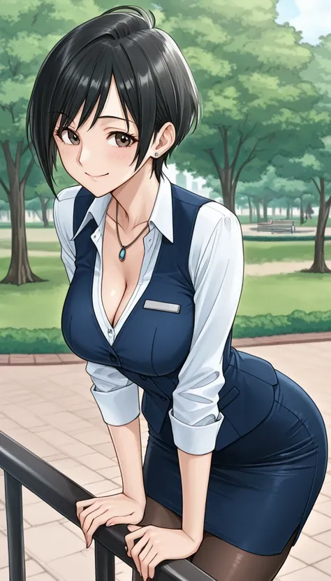 score_9, score_8_up, score_7_up, source_anime top quality、8k、 masterpiece、super accurate、 natural light、PERFECT ANATOMY、 one woman、medium chest、saggy breasts:1.5、Cleavage、black hair、Shortcut、boyish、(Embarrassing:1.2、happy、fun)、smile、office lady、 Pink Offic...