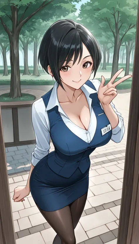 score_9, score_8_up, score_7_up, source_anime top quality、8k、 masterpiece、super accurate、 natural light、PERFECT ANATOMY、 one woman、medium chest、saggy breasts:1.5、Cleavage、black hair、Shortcut、boyish、(Embarrassing:1.2、happy、fun)、smile、office lady、 Pink Offic...
