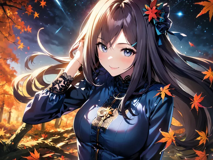 (Solo: 1.5), (Young human girl: 1.5), (Round face: 1.9), (Large breasts), (Looking at camera), (Smiling sweetly: 1.5), (Hair blowing in the wind), (Dark blue long sleeve lace dress: 1.9), (Black pantyhose), (Blushing), (Slouching: 1.5), (Dark background, a...