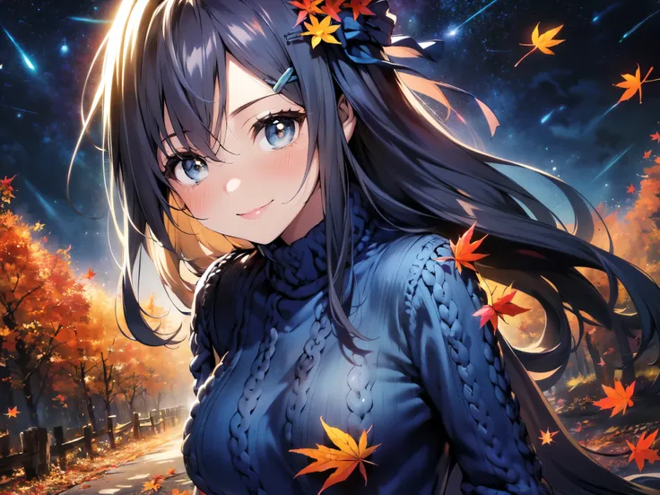 (Solo: 1.5), (Young human girl: 1.5), (Large breasts), (Looking at camera), (Smiling sweetly: 1.5), (Long black hair), (Hair blowing in the wind), (Dark blue knit dress: 1.9), (Black pantyhose), (Slouching: 1.5), (Dark background, autumn leaves, autumn for...