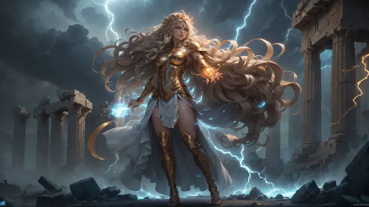 ((full-body shot)), highly detailed, ultra-detailed, ((Greek warrior goddess)), ((muscular yet feminine build)), ((flowing white and gold Greek chiton)), (golden arm guards and greaves with intricate engravings)), ((glowing blue eyes radiating divine energ...