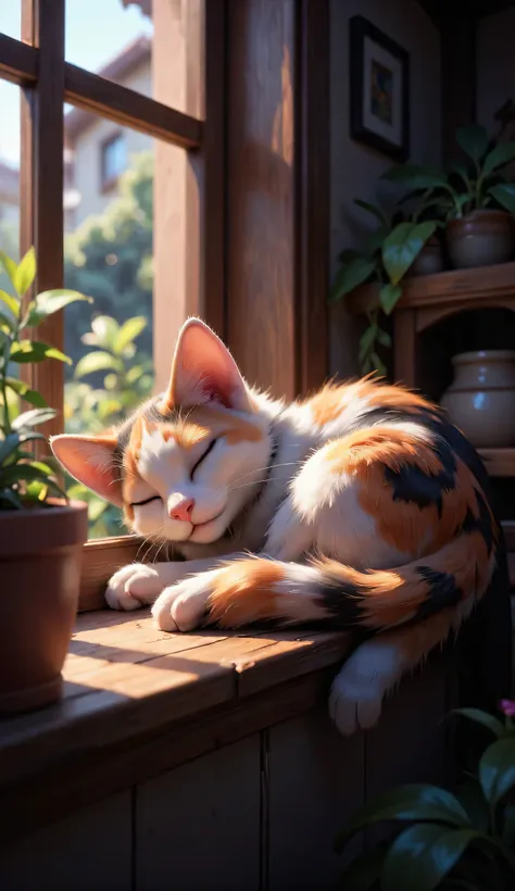 3D character, cute calico kitten, sleeps on the windowsill, Inside the house, masterpiece, Background Blur, Shut your eyes.