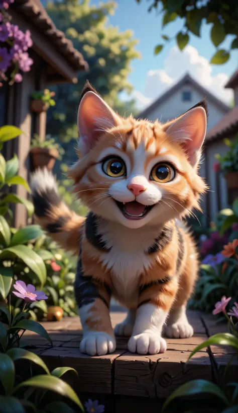 3D character, cute happy calico kitten, walking on the garden fence, outside the garden, masterpiece, Background Blur.