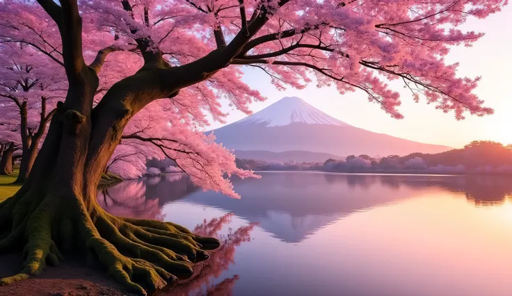 Close up of one majestic 300-year-old cherry tree,  gnarly thick trunk, rises from the shore of a tranquil lake, one long, graceful branch extending over the water, adorned with delicate pink blossoms, across the calm lake, Mount Fuji rises, against the ho...