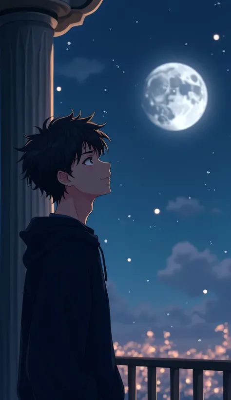 A young anime man named Marcos with wavy hair looks out from his fancy second floor veranda, looking up at the clear night moon.,Wearing a black sweatshirt and dark blue shirt, looking at the moon while thinking of someone and smiling..,Clear line processi...