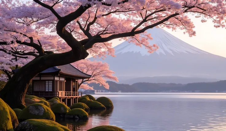 small, traditional, Japanese tea house, wabi-sabi style, nestled on a small island, along a tranquil lakeshore, Close up of one majestic 300-year-old cherry tree,  gnarly thick trunk, rises from the shore of a tranquil lake, one long, graceful branch exten...