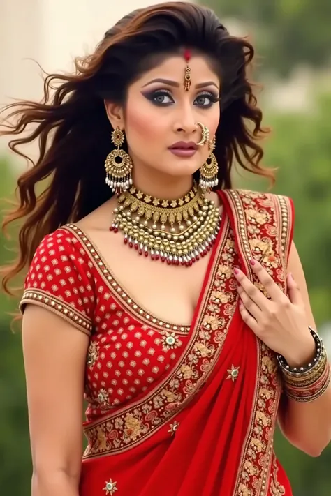 a bold, beautiful, showy, glittery, stylish, exuberant, rich, austencious, glitzy, loud, flamboyant, splashy bhabhi in traditional skin tight blouse and clinging saree, very big breasts, showing off cleavage, lusty eyes, messy and open hairs