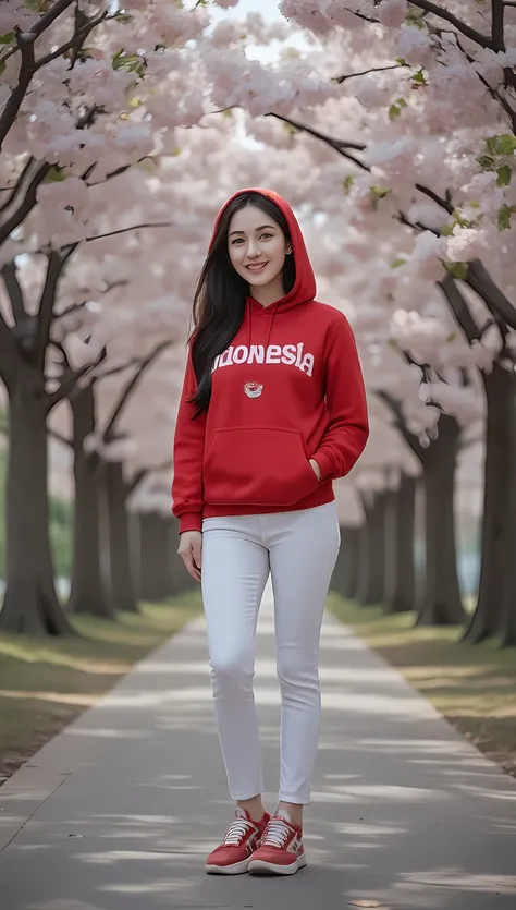 A woman wearing red sweater and hooded with brand text written " Indonesia" , have logo indonesian flags , she standing under cherry trees at the park. She wearing white jeans and snikers red and white . Happy vibes beauty smile. 