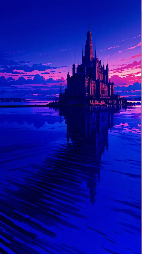 a futuristic landscape in the illustrative style of french illustrator Moebius, (blues, yellows), brutalist architecture, brutalism, water. reflections, retrofuturistic, french retro, cloudy sky,