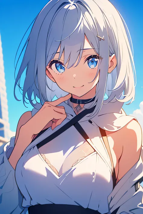 nsfw, white hoodie、black shirt、Ultra HD,watch viewers, and, 20 years old, 非常にshort hair,  long bangs between eyes ,  pale blue eyes, very detailed,(masterpiece、top quality),Gray Hair、Laughter、is amazing,  Silver Hair,  iris, Small face、明るいsmile、(detailed f...