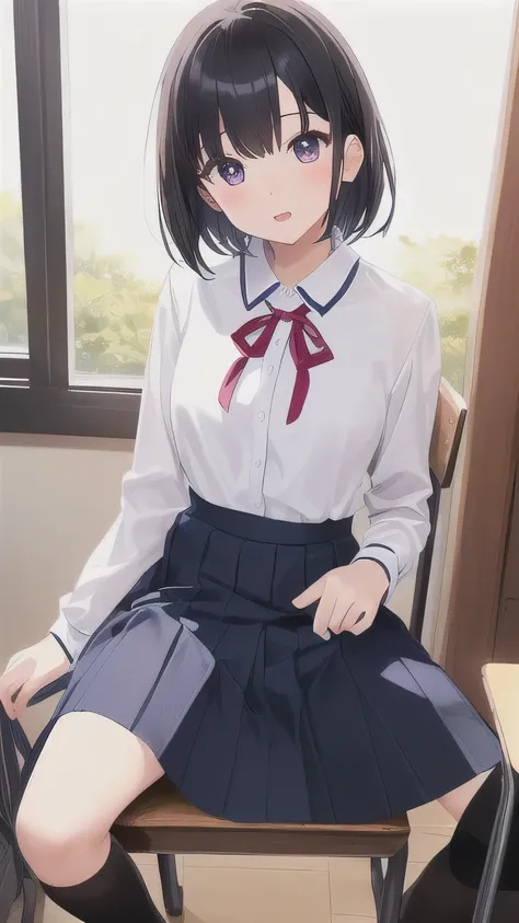 【style】 anime illustration 【appearance】 1 girl、 quick、sitting on chair(spread legs:1.1)、has a young face、Black Hair Girl、short hair、【costume】 collared shirts, white shirts, long sleeve, red ribbon, school,midum skirt, dark grey skirt、ankle、【image effect】 b...