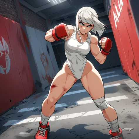 High resolution, side view of a street fighter girl, white shirt, Short and red pollerita, torso superior, Body injured by a fight, with a 2d style, serious and violent, Athletic, Fight alley, tired, bandages on the legs, legs and thighs