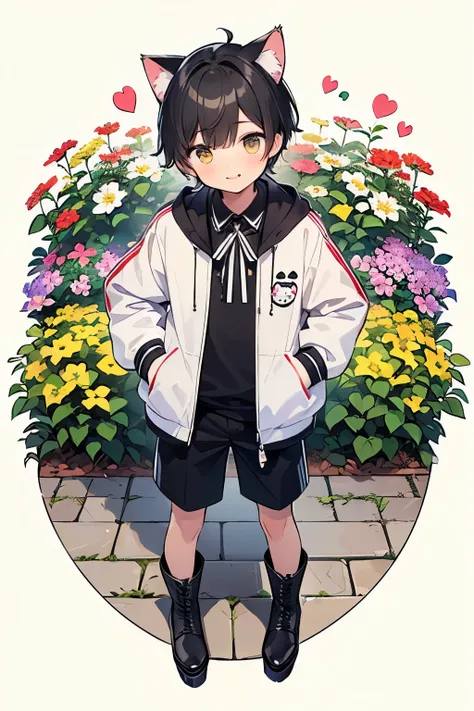 ((boy:1.3)),((handsome:1.3)),((solo:1.3)),((black hair:1.25)),((short hair:1.25)),(light steps:1.0),(long sleeve cat ears:1.1),(long sleeve spring jacket:1.1),//,((flower garden and heart pattern background:1.1)),(look closely at the viewer:1.0),( open you...
