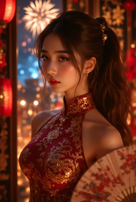 1girl, Cat ears、 face up, attractive, pretty girl, ponytail、 (( fine facial features , eroticism)), dramatic lighting , realistic , 8k, Dramatic Shadows , intricate and elaborate patterns , super detailed photo , chia...