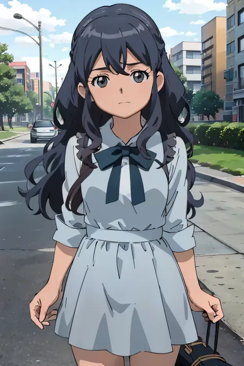 a girl with blue long hair, wavy hair, gray eyes, and a blue dress, magic girl, adult.  Haruna Otonashi