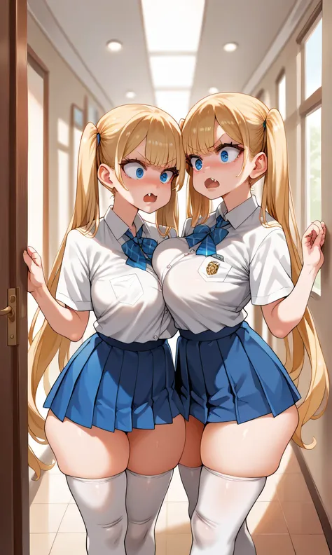 score_9,score_8_up,score_7_up,score_6_up,score_5_up,score_4_up,(source_anime),2girl,identical,long hair,breasts,looking at each other shocked, blue eyes,skirt,blonde hair,shirt,thighhighs,twintails,very long hair,school uniform,thighs,pleated skirt,fang,hu...