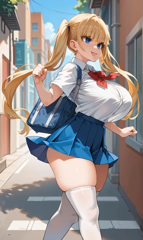 score_9,score_8_up,score_7_up,score_6_up,score_5_up,score_4_up,(source_anime),1girl,solo,long hair,breasts, street, running, blue eyes,skirt,blonde hair,shirt,thighhighs,twintails,very long hair,school uniform,thighs,pleated skirt,fang,huge breasts,white t...