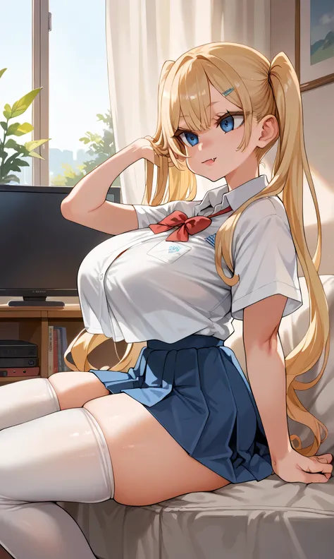 score_9,score_8_up,score_7_up,score_6_up,score_5_up,score_4_up,(source_anime),1girl,solo,long hair,breasts,watching TV on the coach, living room, blue eyes,skirt,blonde hair,shirt,thighhighs,twintails,very long hair,school uniform,thighs,pleated skirt,fang...