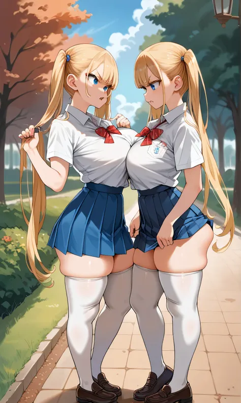 score_9,score_8_up,score_7_up,score_6_up,score_5_up,score_4_up,(source_anime),2girl identical,solo,long hair,breasts,looking her phone, blue eyes,skirt,blonde hair,shirt,thighhighs,twintails,very long hair,school uniform,thighs,pleated skirt,fang,huge brea...